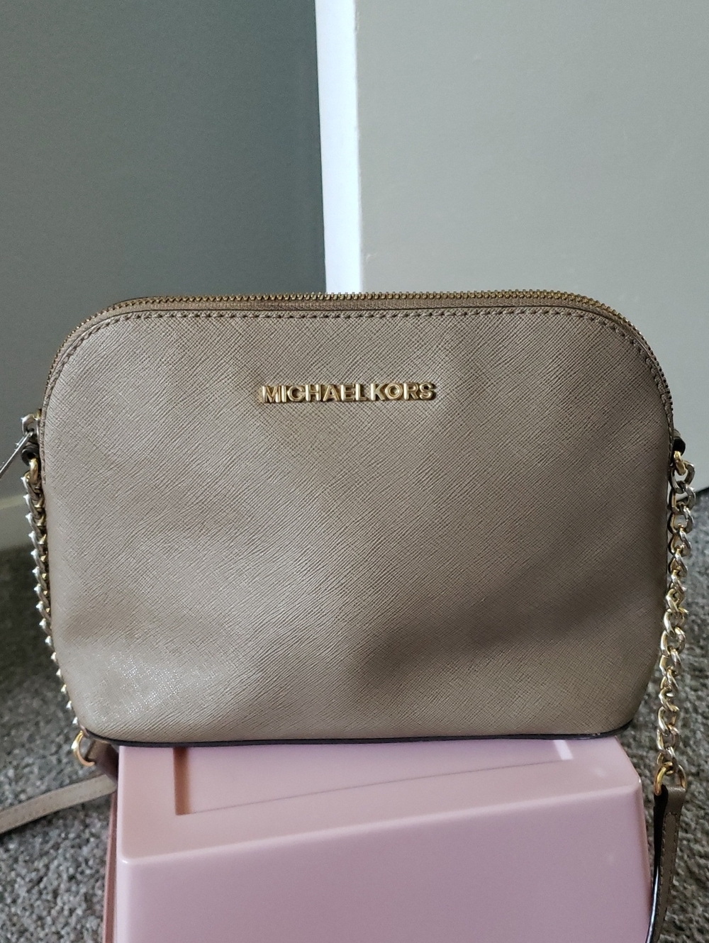 Taupe Michael Kors Beige Saffiano Leather Crossbody with Gold Hardware